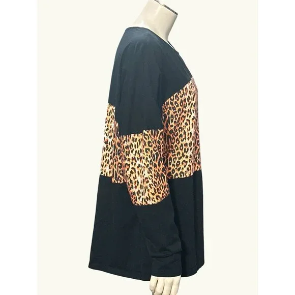 Color Block Pullover Blouse Leopard Print Tunic Raglan Long Sleeve Casual Loose - Picture 4 of 9